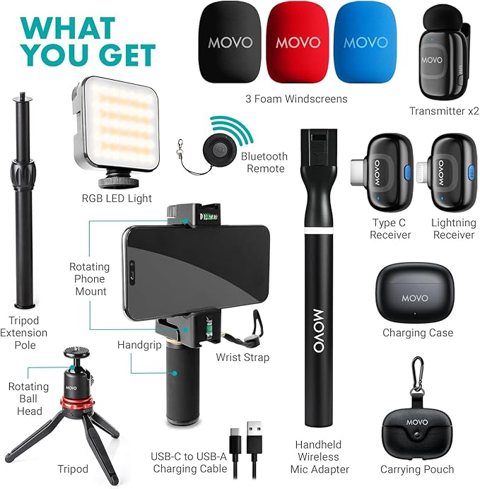 Movo iVlogger-PRO Wireless Vlogging Kit for iPhone/Android - YouTube Starter Kit with Wireless Microphone and LED Light for Content Creators