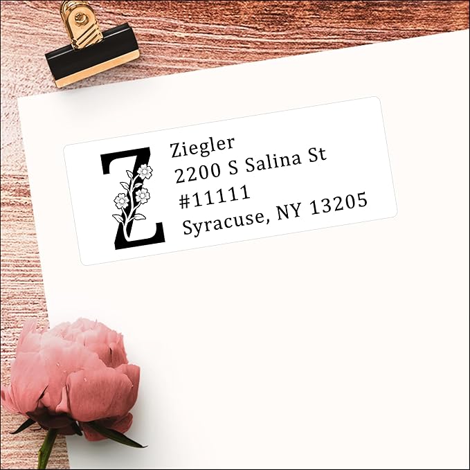 White Home Address Labels - Personalized Return Address Stickers, Custom Printed Mailing Labels for Envelopes, Packages, Wedding, Business (Floral Initial)