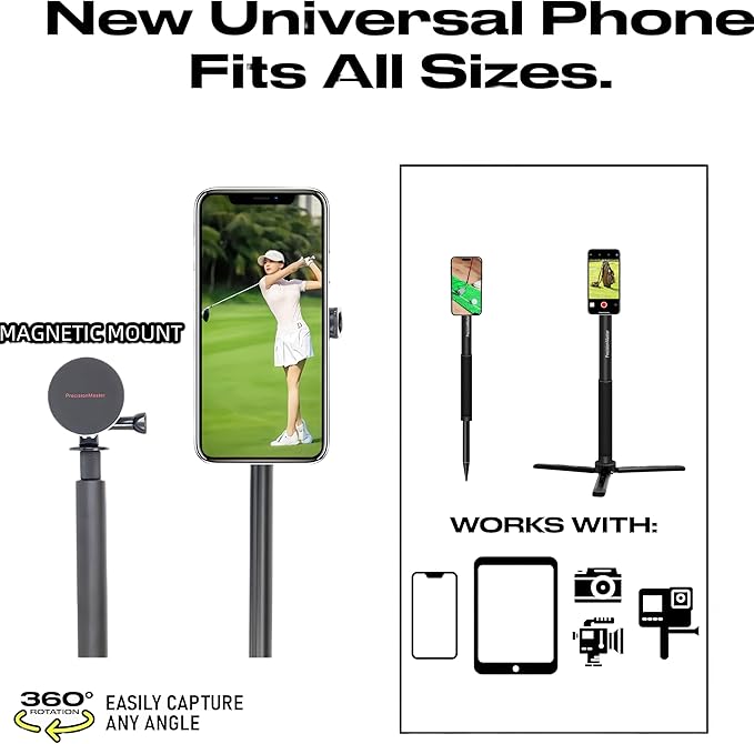 PrecisionMaster Golf Tripod & Monopod, Magnetic Golf Film Stick 52" Adjustable Aluminum, Golf Swing Training Aid Compatible with Magsafe iPhone Android Phones