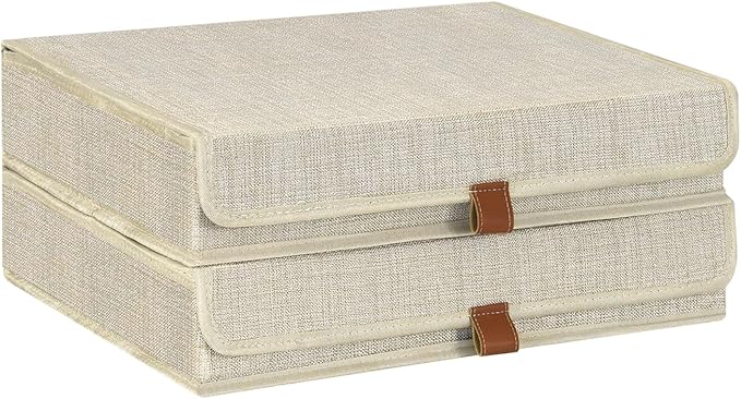 ORGMASTER Photo Storage Boxes with Lids, Memory Box for Keepsakes, Picture Organizer Versatile Linen Containers Basket Collapsible Bin for Organizing Home Office, 2 Pack, 14x10.8x2.5 Inch, Beige