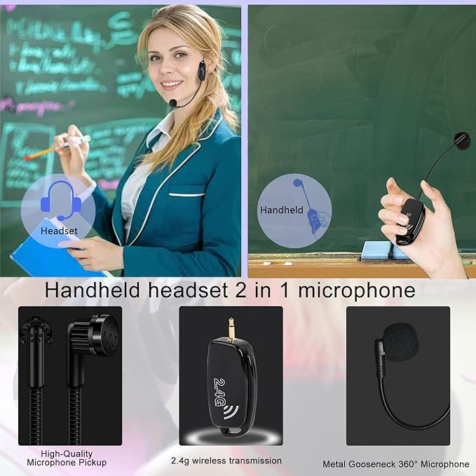Wireless Microphone Headset MIC Cordless: 2.4G Wireless Head MIC and Handheld Mic 2 in 1-160 FT Range with 1/8''&1/4'' Plug for PA System,Voice Amplifier, Fitness Trainer, Teacher, Singing