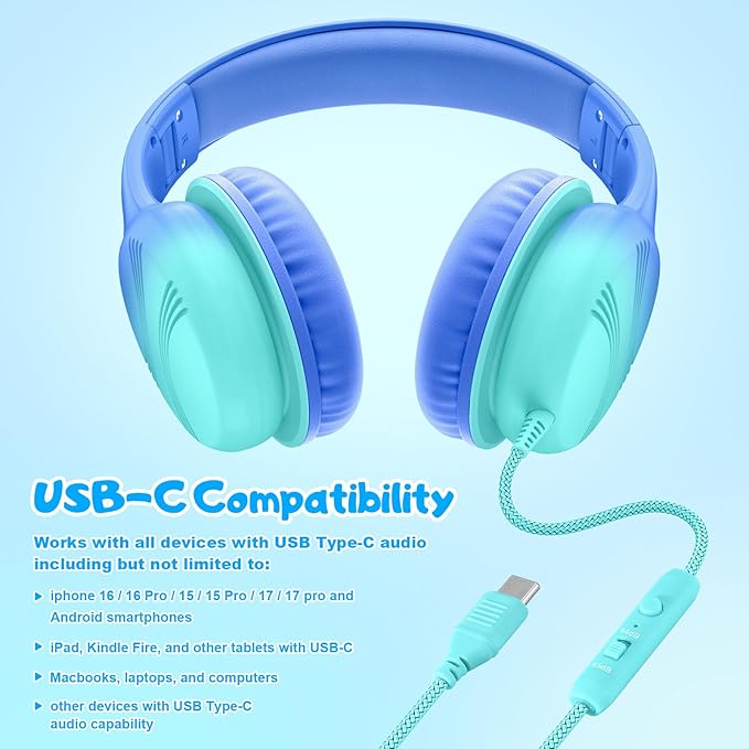 USB Type C Kids Headphones, Wired Headphones for Kids with Microphone 85/94dB Volume Limit, Stereo Sound Portable Over Ear Headphones for School/Travel/Tablet/iPad, Gradient Blue