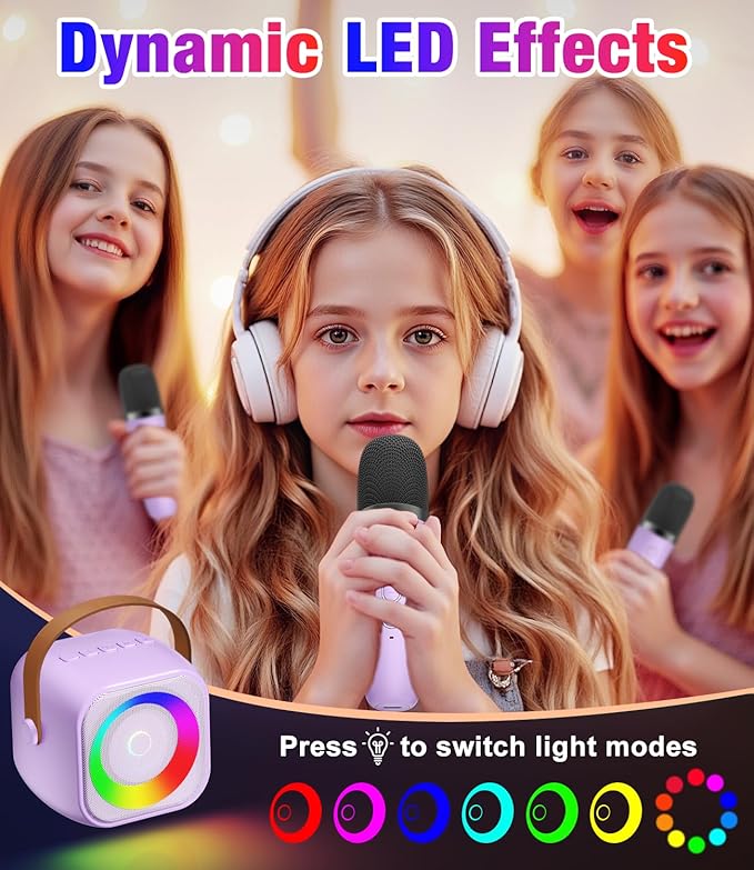 Mini Karaoke Machine, Portable Bluetooth Speaker with 2 Wireless Microphones for Kids & Adults, Karaoke Microphone with LED Lights, Gifts for Girls & Boys_Purple