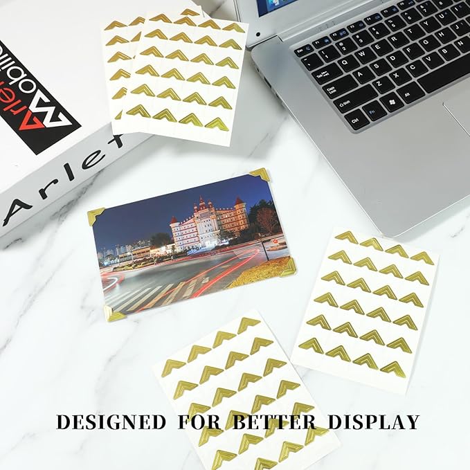 240 Pieces Photo Corners for Scrapbooking, Gold Photo Corner Stickers, Self-Adhesive Photo Mounting Corners for DIY Scrapbook Photo Album Diary, 10 Sheets