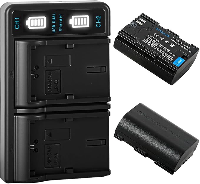 LP-E6 LP-E6N Battery(2-Pack) and Dual USB Charger Compatible with Canon EOS 5D Mark II III IV, 5DS, 5DS R, 6D, 6D Mark II, 7D, 7D Mark II, 60D, 70D, 80D, 90D, R, R5, C700, XC10, XC15 Cameras