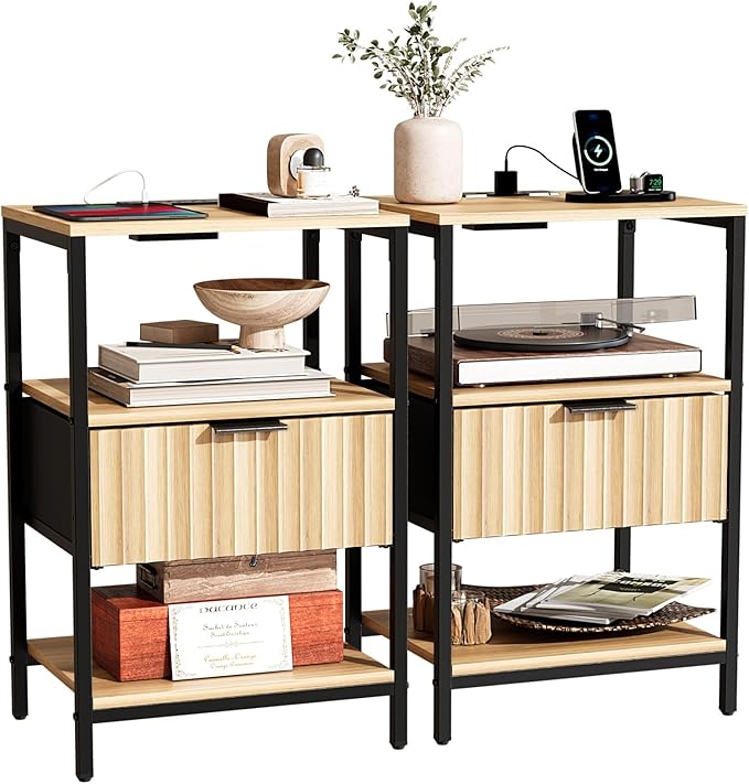 Bonnlo Fluted Nightstand Set of 2, End Table with Fabric Drawer with Charging Station, Night Stand with Storage Shelf & Hook, Fluted Side Table for Bedroom/Living Room,Oak