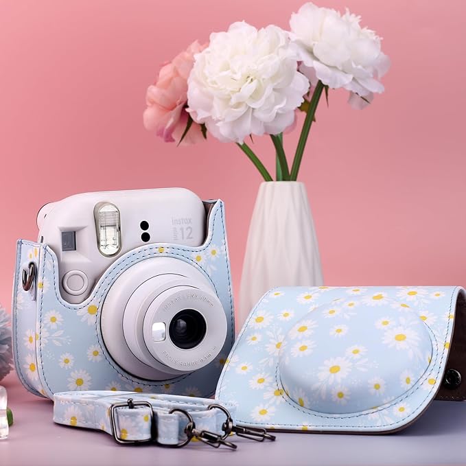 Frankmate Protective Case Fit for Fujifilm Instax Mini 12 11 9 8 Camera, PU Leather Camera Bag with Pocket and Adjustable Shoulder Strap (Blue Daisy)