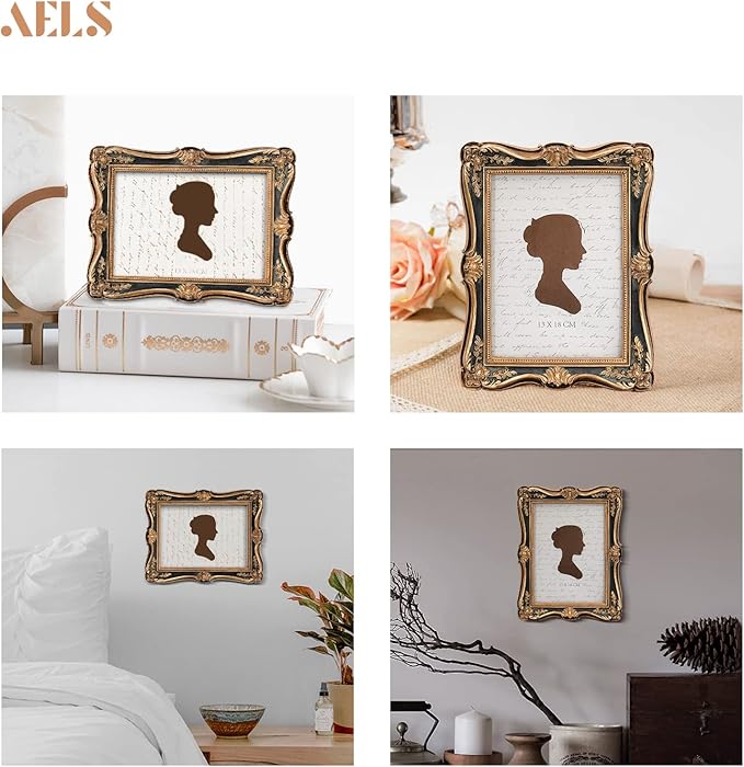 AELS 5x7 Inch Vintage Picture Frame, Elegant Antique Photo Frames with Glass Front, Photo Display, Tabletop Wall Hanging, Gift Ideas, Gold and Black