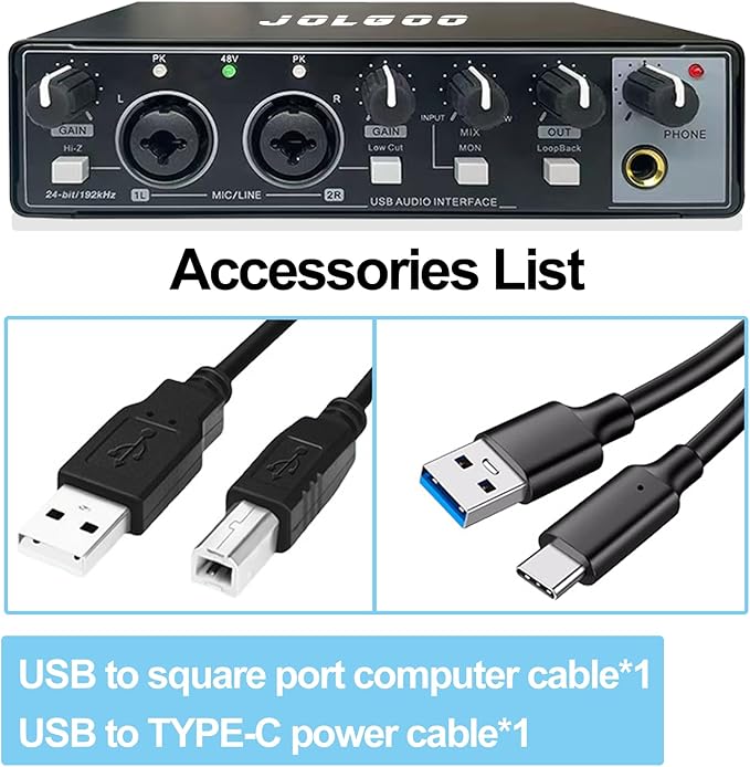 USB Audio Interface for Recording Music, 24-Bit/192kHz, Plug and Play Audio Interface for PC, Mac, and Smartphone – Low Latency, XLR/Line In, Headphone Out