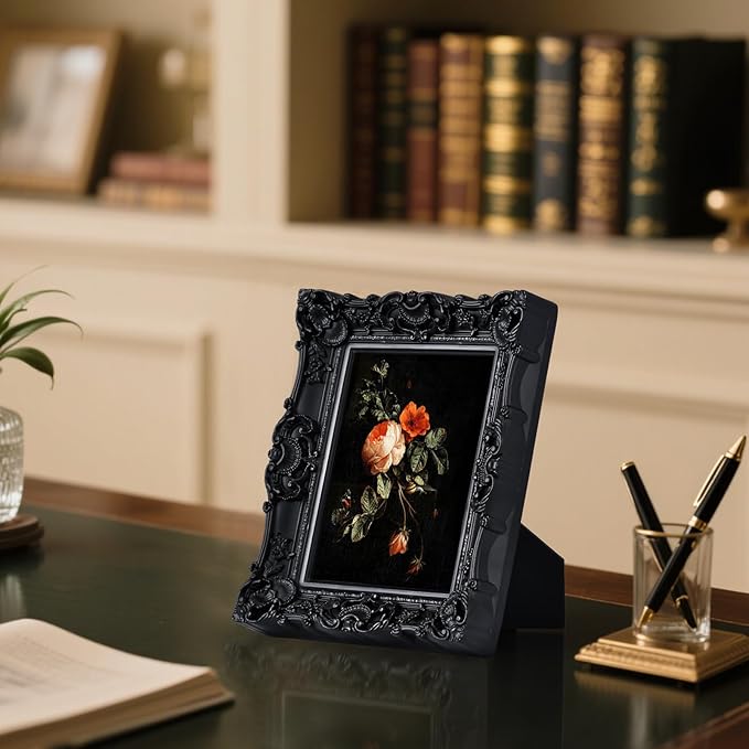 Black 6X8 Vintage Picture Frame, Gothic Ornate Antique Style with Real Glass, 6 X 8 Photo Frame for Wall or Tabletop, Home Decor
