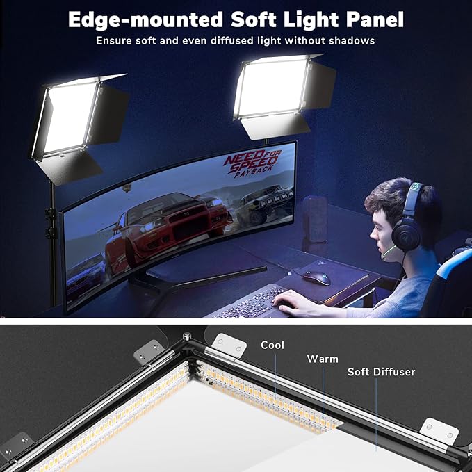 D50 Photography Lighting with Barn Door, 2-Pack 15.4" LED Video Light with Remote, 45W 3000K-8000K Dimmable Bi-Color Panel Light for Live Streaming/Wedding Shooting/Video Recording/Studio/Film