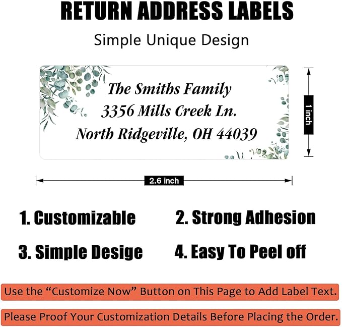Address Labels Personalized Return Address Labels, 2.6" x 1" Greenery Custom Mailing Label for Envelopes (30-1200) Customized Self Adhesive Stickers Printable Mail Envelope Adress Label, White