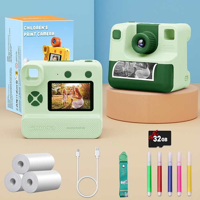 Kids Camera Instant Print, Christmas Birthday Gifts for Girl Boys 3-12 Years Old, FHD Selfie Digital Video Cameras Toddler 3 Rolls Print Paper & 32G Card (Retro, Green-White)