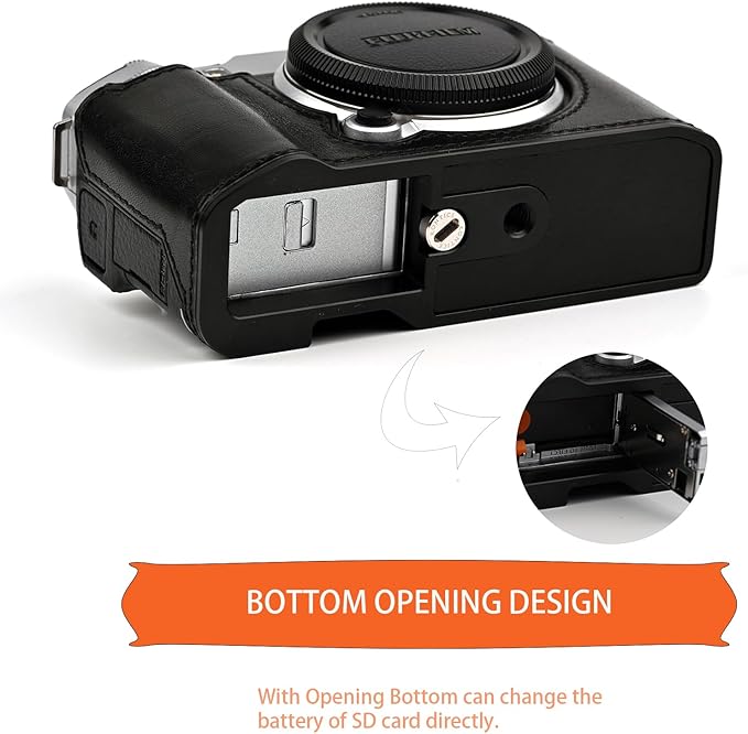 Uchandmade Handmade Genuine Leather Camera Half Case for Fujifilm X-M5/Fujifilm X-M5 Camera Case/Fujifilm X-M5 Case - Top Layer Cowhide Body + Metal Base Plate (Jet Black)