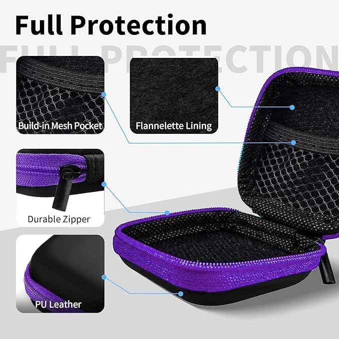MOLOVA Square Earbud Case Portable EVA Carrying Case Storage Bag Tech Pouch Cell Phone Accessories Organizer with Carabiner for Earphone, Earbud, Earpieces, SD Memory Card, Camera Chips, Purple