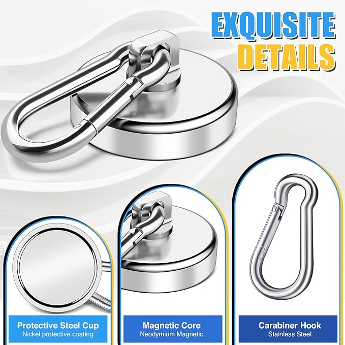 VSKIZ Magnetic Hooks Heavy Duty 150Lbs, 4 Pack Super Strong Magnetic Hooks with Swivel Carabiner for Cruise, Black Neodymium Magnet Hooks Magnetic Wall Hanger for Hanging, Toolbox, Grill, Cabins