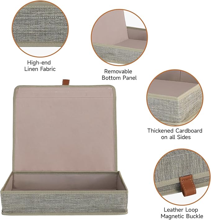 ORGMASTER Photo Storage Boxes with Lids, Memory Box for Keepsakes, Picture Organizer Versatile Linen Containers Basket Collapsible Bin for Organizing Home Office, 2 Pack, 14x10.8x2.5 Inch, Coffee