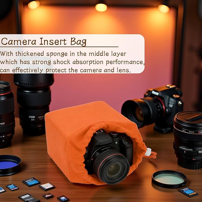 Camera Insert Bag, Camera Padded Bag Shockproof Foldable Protective Bag Inner Camera Organizer with Drawstring for Dslr Camera Lens (Orange)