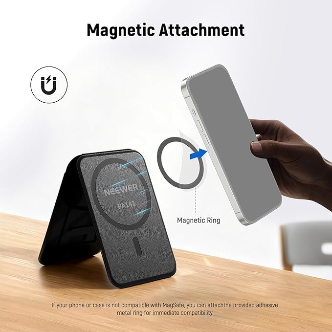 NEEWER Magnetic Phone Wallet with Card Holder, Foldable Desk Stand Lightweight Portable Leather Slim Cell Phone Card Case Compatible with MagSafe iPhone Samsung Android for Video Recording, PA141