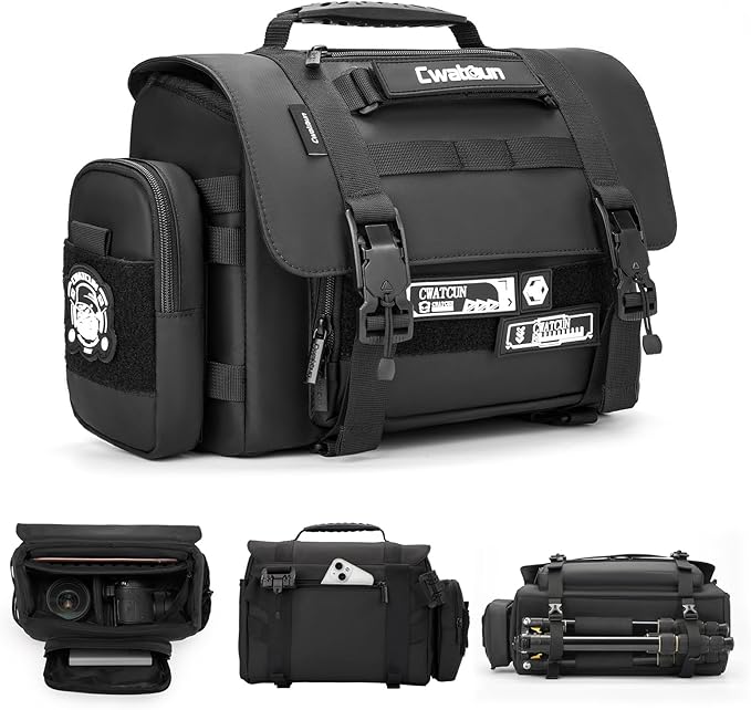 Cwatcun Camera Sling Bag, Waterproof Multifunction Photography Tactica Camera Crossbody Bag with Tripod Holder & Removable Accessory Bags for DSLR/SLR/Mirrorless Cameras - Small