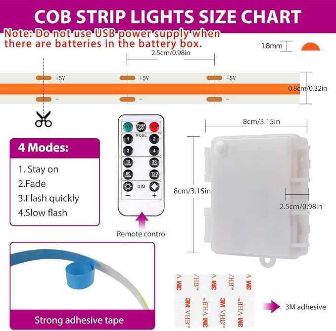 OMIKA Pink COB LED Strip Lights Battery Powered with Remote, 6.56FT 640LED Light Strip Dimmable Cuttable Flexible Wireless LED Tape Light for Gifts, Bedroom, Party, TV Backlight, DIY Decor (2 Pack)