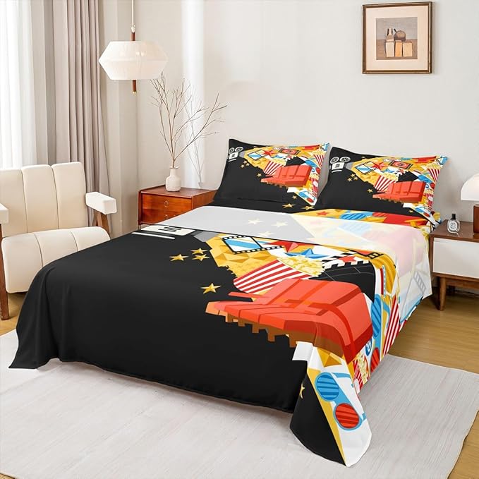Erosebridal Movie Bed Sheets Set Twin Home Theater Decor Sheet Set for Boys Girls Family Movie Theater Decor Sheets Film Lover Modern Fitted Sheet Popcorn Filmstrip Print Flat Sheet