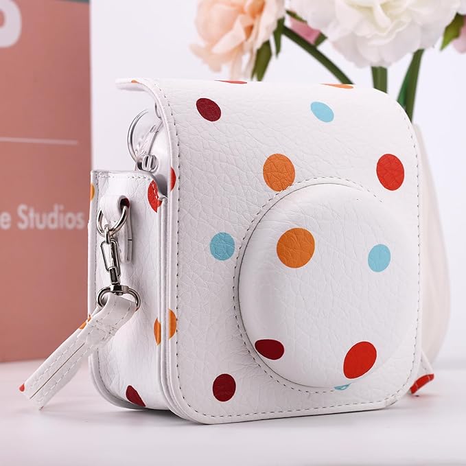 Frankmate Protective Case for Fujifilm Instax Mini 12/11/40 Instant Camera, Polka Dots PU Leather Camera Bag with Pocket and Adjustable Shoulder Strap
