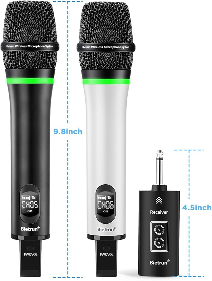 Bietrun Rechargeable Wireless Microphone,Dual Metal Cordless Handheld Dynamic Wireless Mics with Bluetooth, UHF 240FT Range for 1/4'',1/8''Output,PA System,Dj,Mixer,Church(White＆Black)