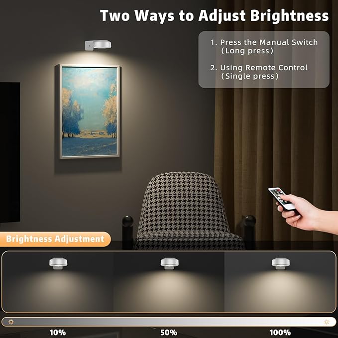 Picture Lights with Remote, Wireless Rechargeable Battery Operated Wall Light 3 Pcs Dimmable and Timer Metal Art Light for Paintings,Display, Wall, Artwork, Gallery (White)