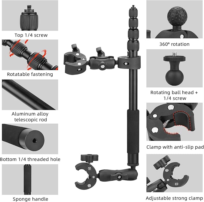 BRDRC Motorcycle Mount for Insta 360 X4 X5, Bike Handlebar Clamp Mounts 59" Invisible Selfie Stick Bundle Kit for Insta360 X5 X4 X3 X2 X ONE, for DJI OSMO 360, for GoPro Camera Accessories