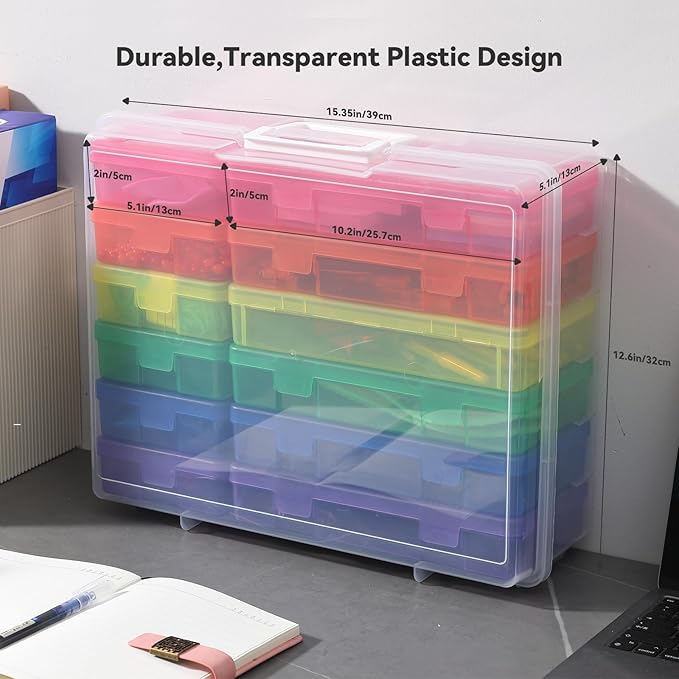 novelinks Stackable Clear Plastic Storage Boxes with Latching Lids – 12 Pack (6 Medium + 6 Small) Art Supply Organizers for Crayons, Pencils, Beads, Jewelry & Crafts (Colorful)
