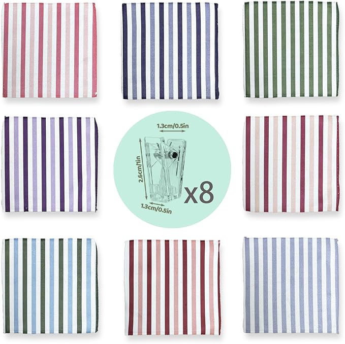 8-Pack Ultra-Fine Microfiber Kitchen Towels, 7-Inch Square with 8 Clips & Multiple Patterns – Soft, Absorbent, Reusable Cleaning Cloths (Stripes)