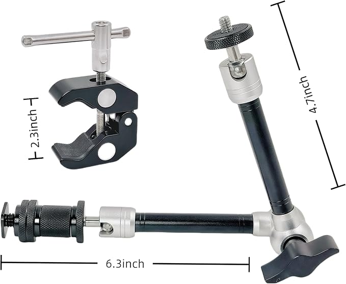 11" Magic Arm Clamp Mount with Super Clamp Arm with 1/4" & 3/8" Thread Screw 360° Ball Heads, For Monitor, Flash, LED Light, Microphone, Camera Cage, Action Camera, GoPro, Atomos, SmallRig
