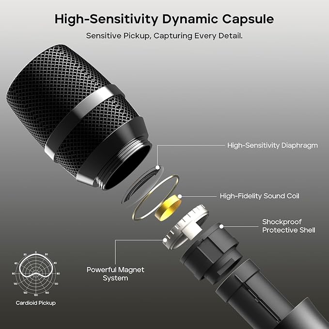 Tribit Wireless Microphone, Dual Handheld Cordless Dynamic Mic System with 2.4GHz Rechargeable Receiver, 40H Battery Life, Plug and Play for Karaoke, Party, Wedding, DJ, Church, Speech, Meeting