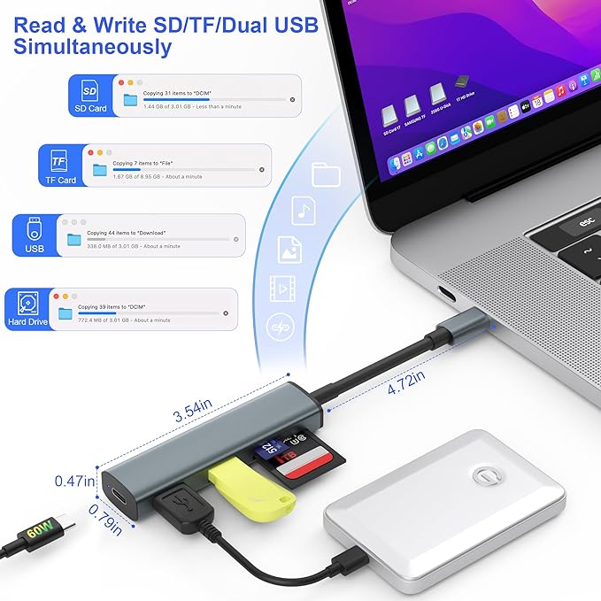 TIANSONG USB C SD Card Reader, Memory Card Reader with 60W PD Charger Adapter SD Card Adapter with SD/TF/USB 4 Ports for iPhone 15/16 iPad Pro MacBook Pro/Air iMac Android and More USB-C Devices
