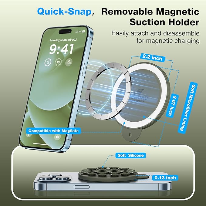 Magnetic Suction Cup Phone Mount, Compatible with MagSafe, Silicone Octo Cup Buddy Sticky Grip Holder for iPhone and Android, Removable Hands-Free Selfie/Video for TikTok, Olive Green