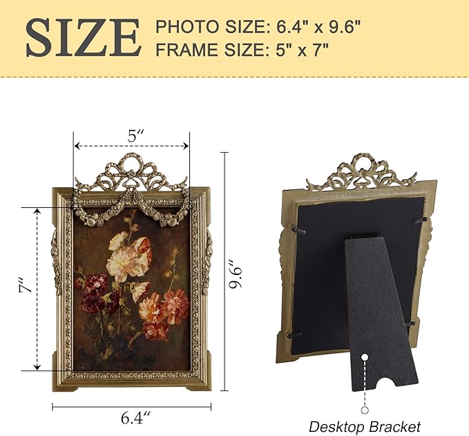 NIKKY HOME Vintage Picture Frame 5x7, Retro Gold Photo Frames, Metal Decorative Picture Frame with Stand and Glass Front for Tabletop Display Home Decor Gift