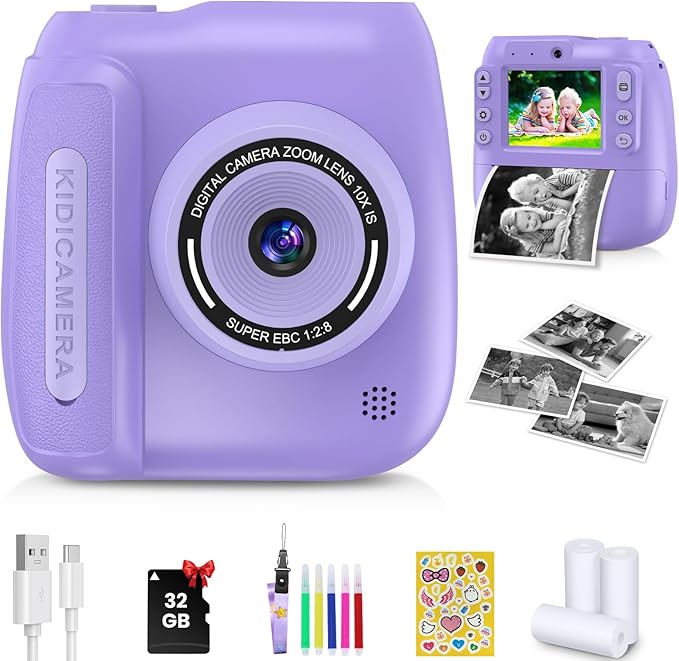 Instant Camera, Kids Camera Instant Print with 2.4 Inch Screen, Christmas Birthday Gifts for Girls Boys Age 3-12, Toddler Digital Print Toy for 3 4 5 6 7 8 9 10 Year Old, Front Rear Dual Selfie,Purple