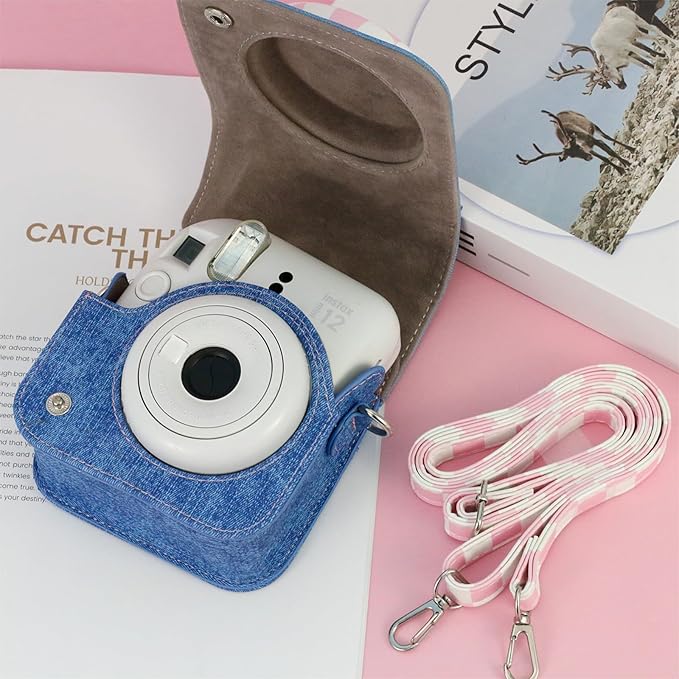 Frankmate Protective Case Compatible with Mini 12 Instant Film Camera with Accessory Pocket and Adjustable Strap (Sweetheart Denim)