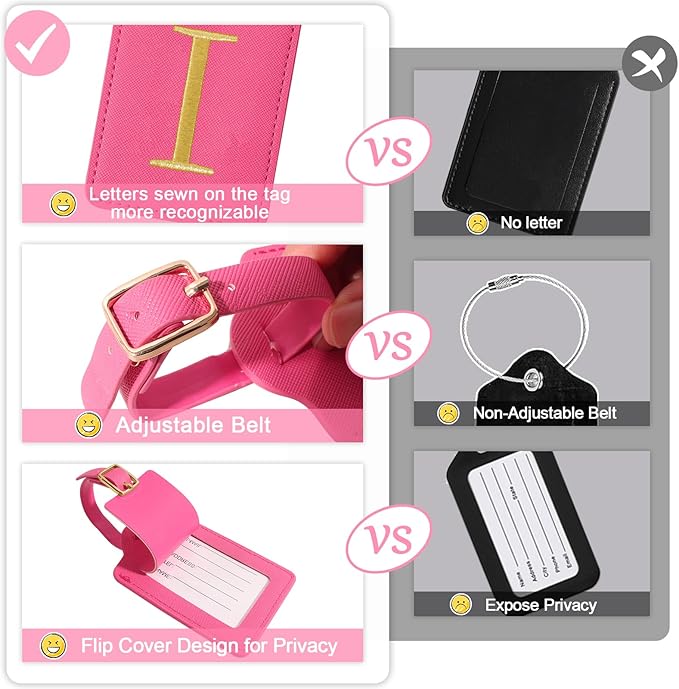 Initial Letter Luggage Tags for Suitcases, Embroidered Monogrammed Suitcase Luggage Identifier Name Tag, PU Leather TSA Approved Luggage Tags, Bag Tags for Men Women Kids Luggage Handbags(Rosered I)