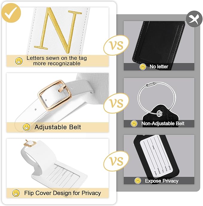 Initial Letter Luggage Tags for Suitcases, Personalized Embroidered Letter Luggage Bag Suitcase Identifier Name Tag, Cute PU Leather Travel Luggage Tags, Bag Tags for Luggage Handbags(White N)