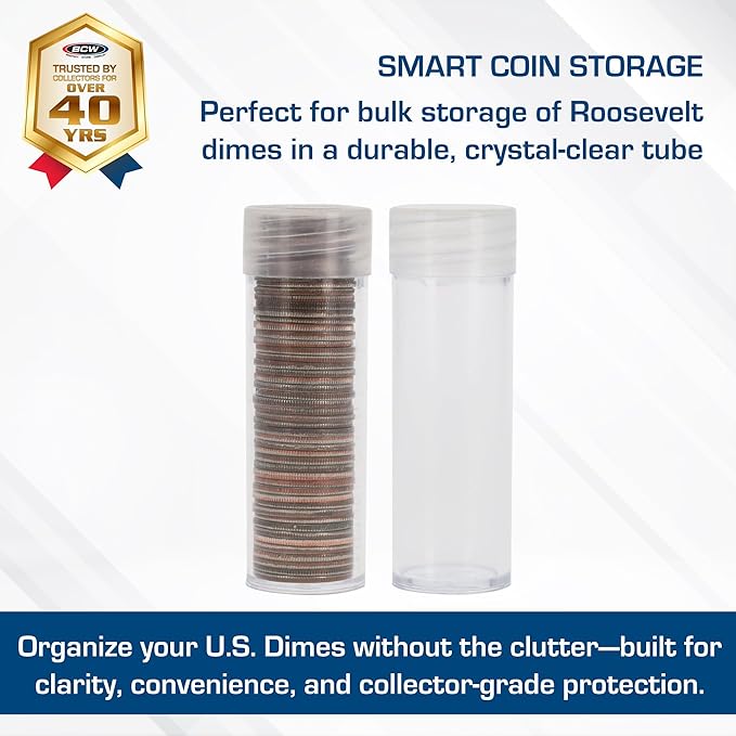 COIN STORAGE TUBES, round clear plastic w/ screw on tops for DIMES (Quantity of 25 tubes)