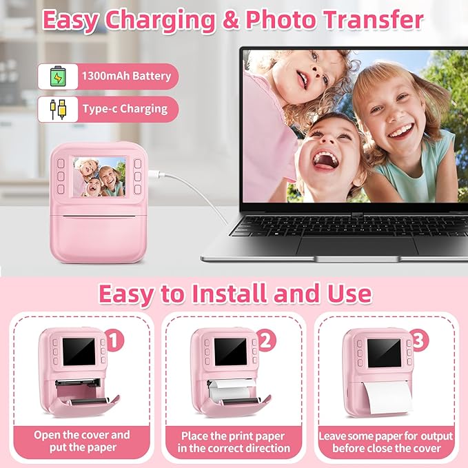 MINIBEAR Kids Camera Instant Print Camera for Kids Digital Camera Toddler Toys Christmas Birthday Gifts for 3 4 5 6 7 8 9 10 Year Old Girls Boys, Pink