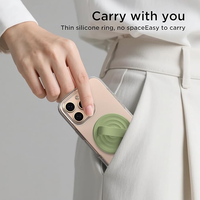 Magnetic Phone Grip Ring Holder, Liquid Silicone Magnet Cell Phone Grip Finger Loop, Compatible with Magsafe, Back of Phone for iPhone 17/16/15/14/13/12 Series, Tea Green