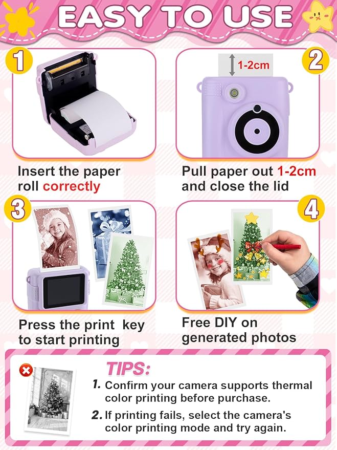 3-Color Kids Camera Paper Roll Refill - Compatible with Most Instant Print Camera, HD Photo Printer Paper for Kids Aged 4 5 6 7 8 9 10 Boys Girls Birthday Gifts (6 Rolls)