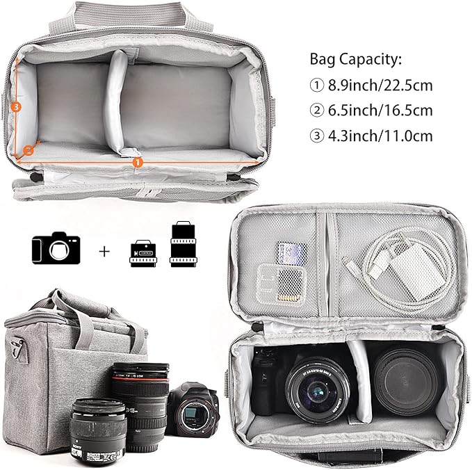 FOSOTO Camera Bag Case with Waterproof Rain Cover Compatible for Nikon D3500 D5600 D7500 D610 Canon EOS 4000D 2000D SL3 T7 M50 M6 SX530 Fujifilm X-T20,Grey
