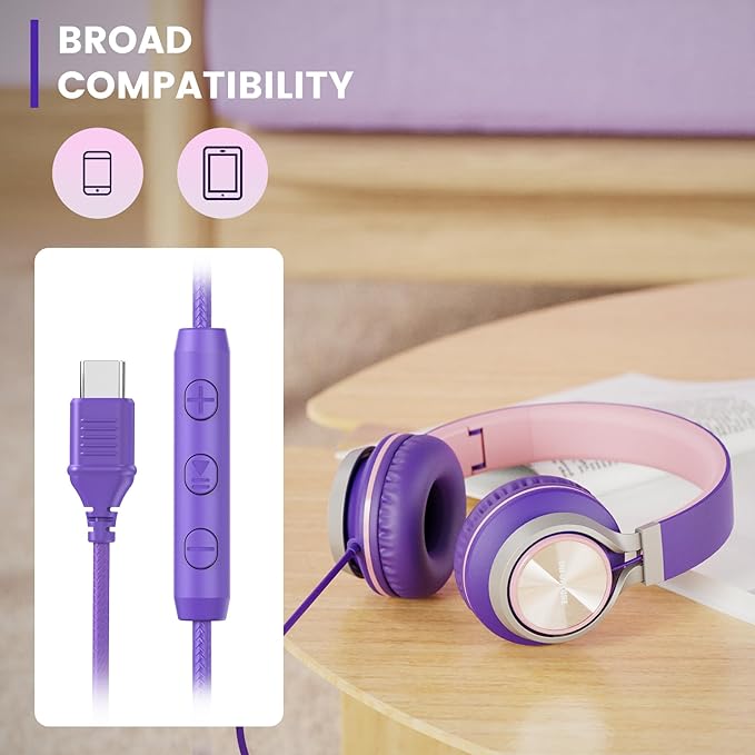 INFURTURE USB C Headphones with Mic,Volume Control,Tangle-Free Plaiting Line,Wired Headphones Type c,Lightweight Foldable for iPhone 17/16/15 Headphone Series/Tablet/School/Travel/Sports/Audiobooks