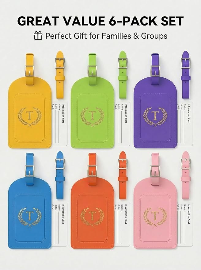 Luggage Tags for Suitcases 6 Pack PU Leather Travel Bag Tags with Privacy Cover & Stainless Steel Buckle, Vegan Leather Name ID Labels for Travel Bags, Cruise, Airline, Backpack, Baggage Identifier(T)