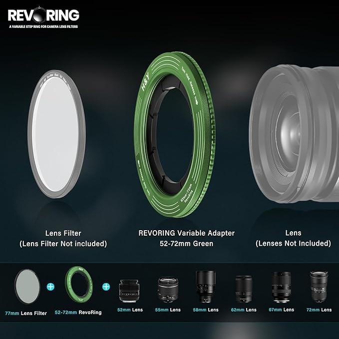H&Y RevoRing Adjustable Step Up Ring 52-72mm to 77mm, Variable Lens Filter Adapter Ring, Universal Stepping System fits 52 55 58 62 67 72mm, Vintage Green