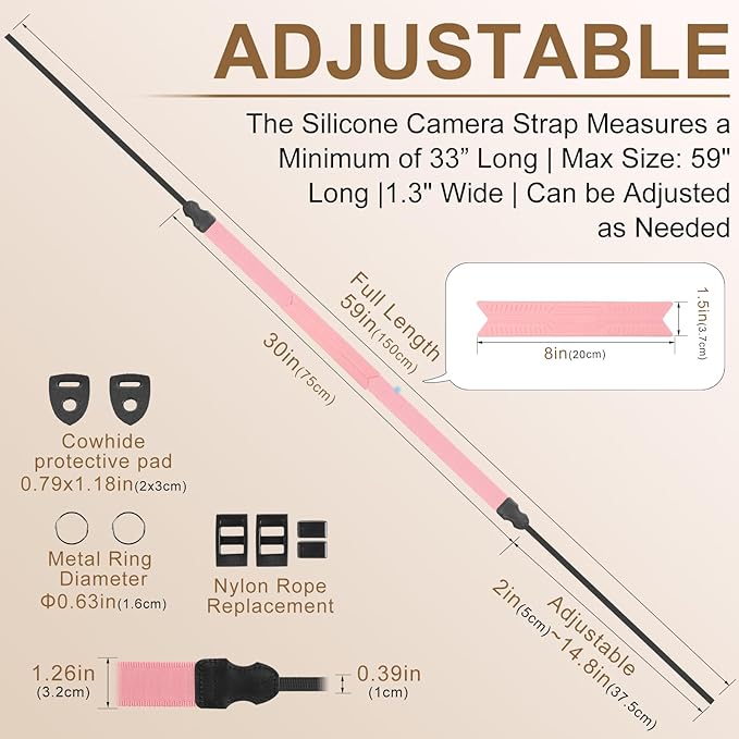 Neck Strap Silicone Camera Straps - Padded Camera Strap, 1.5" Wide Adjustable Nylon Shoulder Strap - Compatible with Canon, Nikon, Sony, and More DSLR and Mirrorless Cameras (Peach Pink)